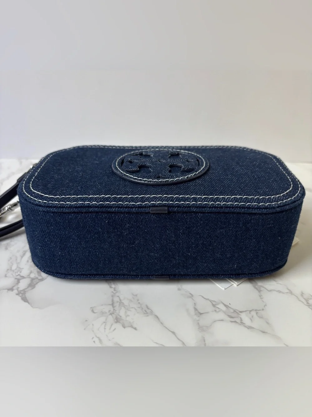 New Tory Burch Mini Miller Denim Crossbody Bag Blue Logo Jacquard Strap